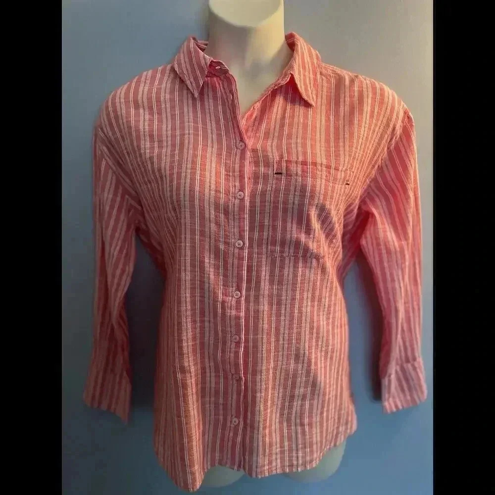 BEAUTIFUL by Zarian Sz Medium Coral White Stripe Long Sleeve Boyfriend Shirt